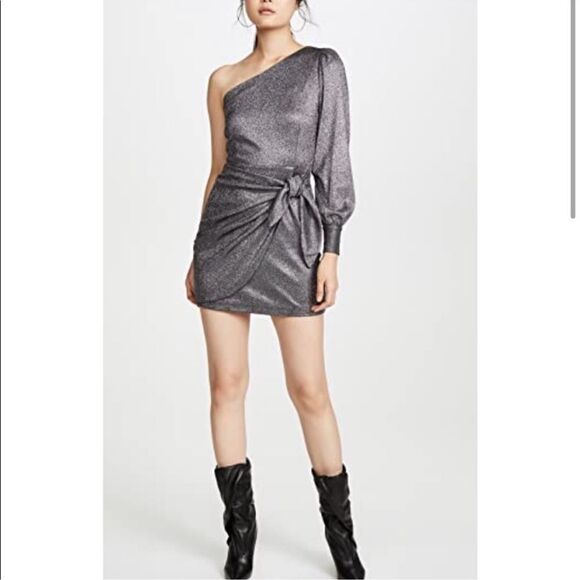 Yumi Kim Studio 54 Asymmetrical One Sleeve Mini Dress - Gun Metal Sparkle XXS - Picture 3 of 13